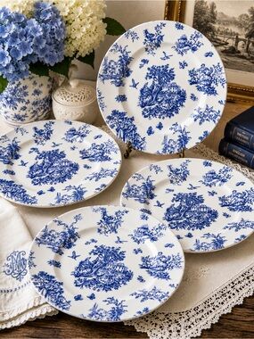 Churchill England Set of 4 Blue White Toile Transferware Dinner Plates 10”